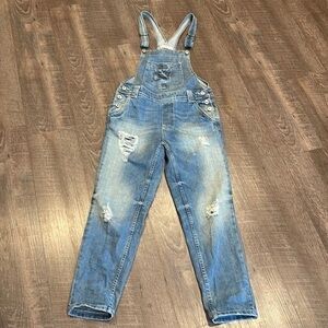 Denim distressed overalls